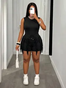 Plus Size Women's Fringe Two-Piece Set, Sleeveless Tight Top and High-Waisted Shorts, Sexy Nightclub for Women, Womenswear