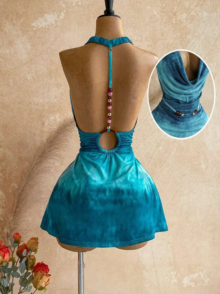 SEELEN Halter Neck Tie Back Open Back Sexy Tropical Date Vacation Beach Party Mini Dress, Teal, Western Style Outfit, Going Out, Birthday Summer