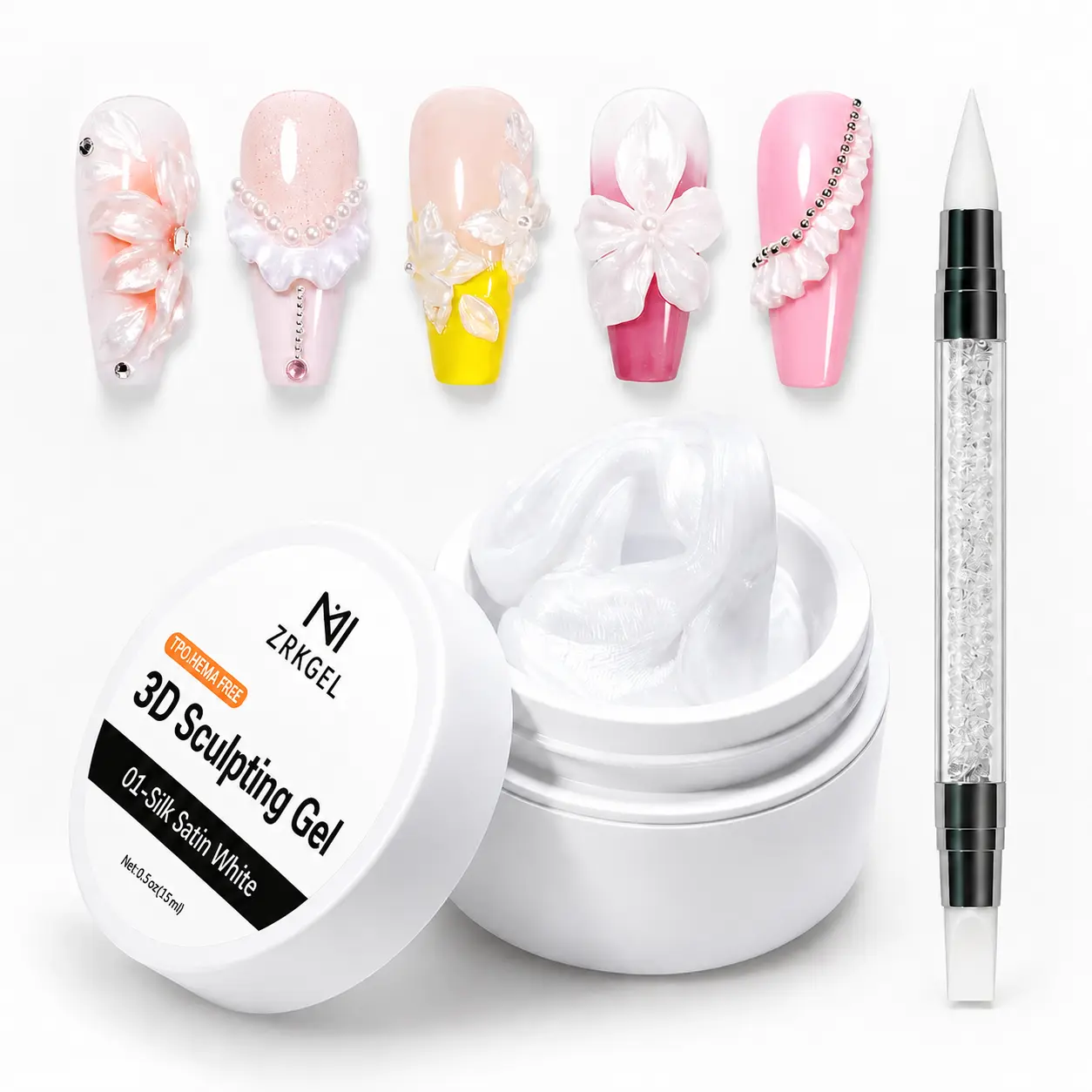 ZRKGEL 3D Carving Gel for Nail Art, No-Wipe Sculpting & Modeling Gel, Embossed Flower Design UV LED Gel for DIY Salon Manicure