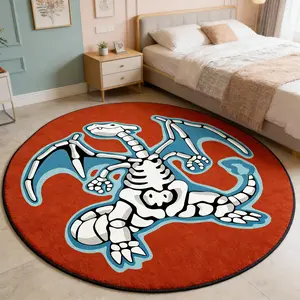 Cool Wave Pterosaur Skeleton Round Rug - Red and Blue Color Block Fuzzy Floor Mat, Anti-Slip and Wear-Resistant Gaming Room Mat, Gaming Chair Mat, Gaming Rugs, Home Decor Rug, Decorative Rug, Suitable for Instagram Style / Dark Trendy Gamer Decor