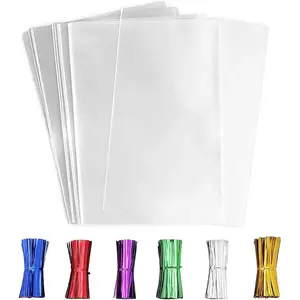 Clear Cellophane  Bags 100 count 4 X 9 Inch Clear Cellophane Bags with 6 Mix Colors Twist Ties for  Wrapping,Packaging Candies,Cookie,Dessert,Bakery, Popcorn, ,Party Favor