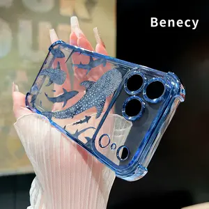 Whale Shark Wonders Pattern Four Corner Anti-Fall Phone Case Transparent Electroplated Protective Cover for iPhone 17 16 Pro Max 15 Plus 14 13 12 11 Air E