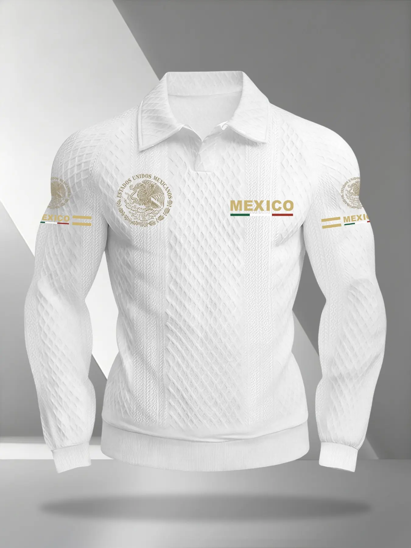 Men's Vintage Mexican Emblem Long Sleeve Fitted Polo Shirt, Soft Comfortable Textured Fabric, Fashionable Casual Daily Wear, All Seasons