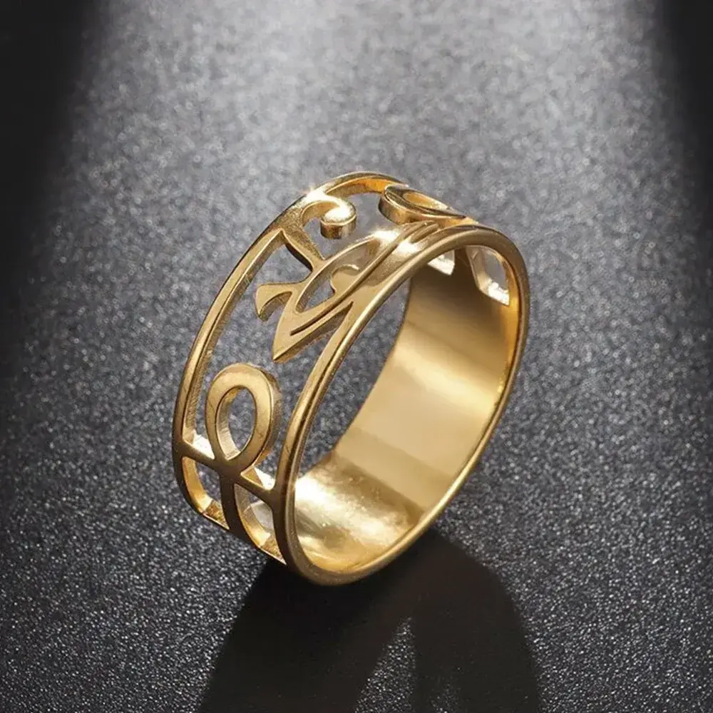 YILUOCD Stainless Steel Ancient Egypt Ra Udjat Ring Eye Of Horus Ankh Cross Ring for Women Protection Amulet Egyptian Jewelry