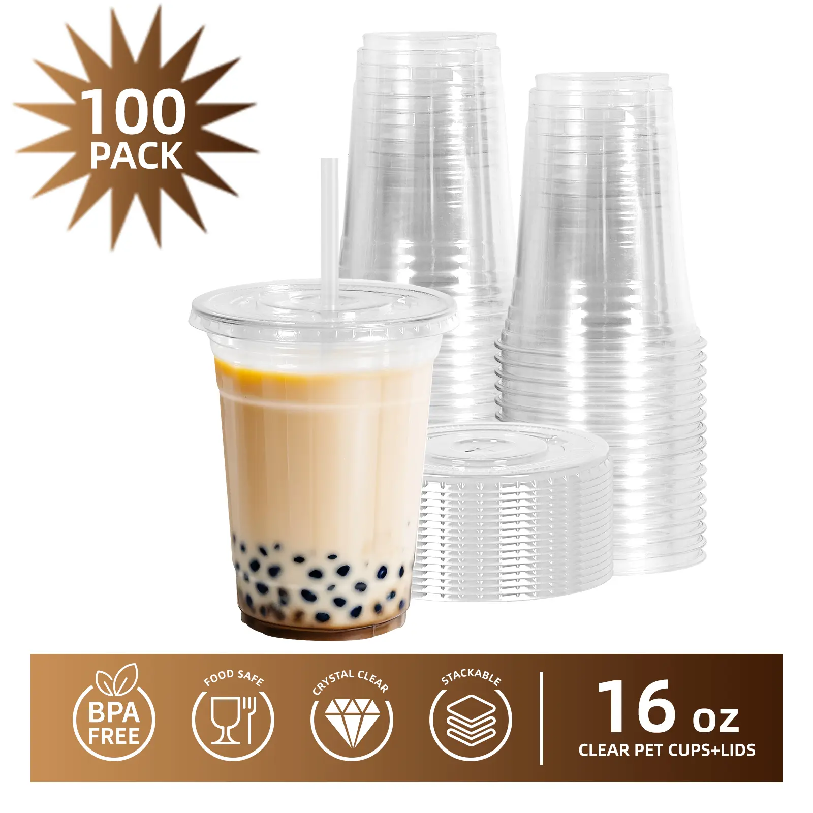 100-Pack Transparent Disposable Plastic Cups (16 oz-24 oz) with Lids & Straws, Sturdy BPA-Free Party Supplies for Cold Drinks, Iced Coffee, Dad Gift