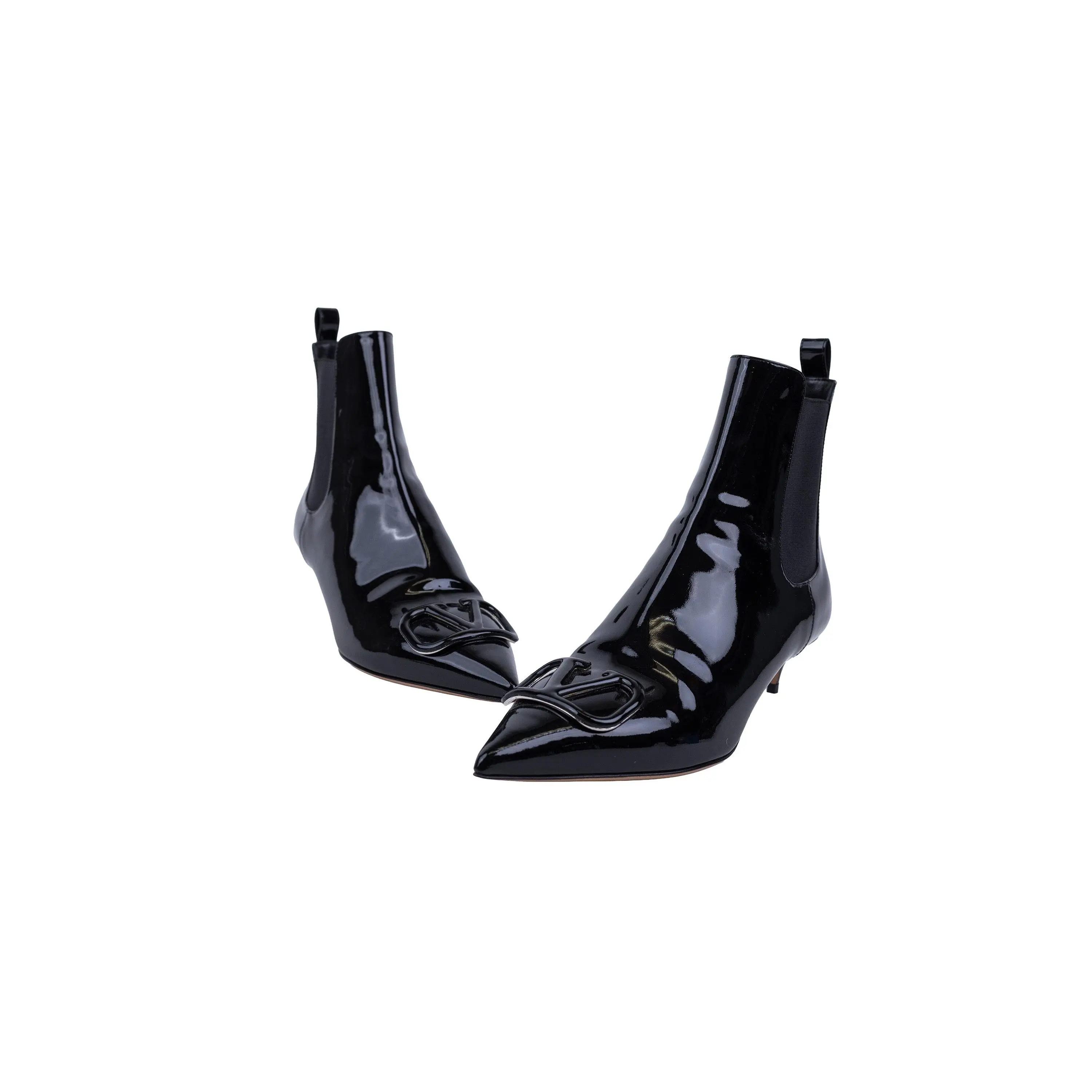 Valentino Garavani Black Patent Leather VLogo Pointed-Toe Kitten Heel Chelsea Bootie Size 39