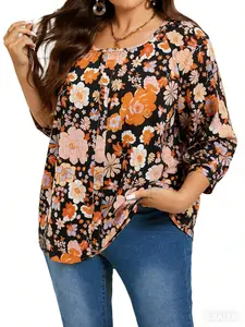 Plus Size Women's Floral Texture Button Front Shirt, Mid Sleeve Blouse for Commuting Vacation Daily Wear, Elegant Casual Fashion Top