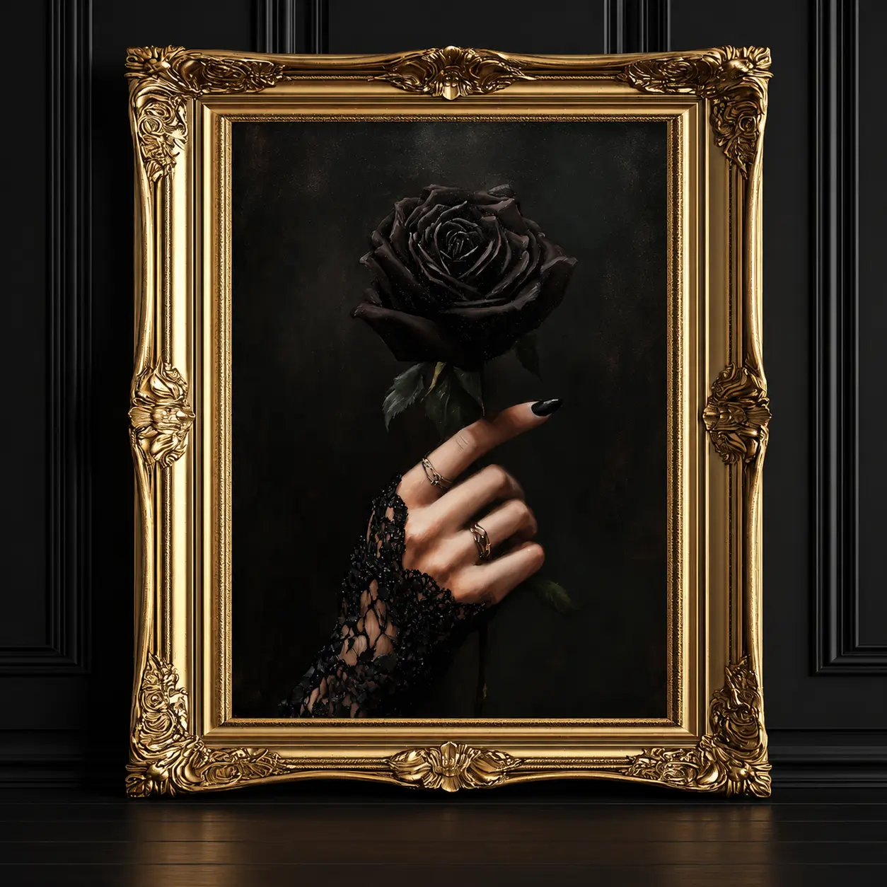 [Unframed] Gothic Black Rose Oil Painting , Dark Academia Home Decor, Victorian Witchy Aesthetic Poster, Romantic Wall Art
