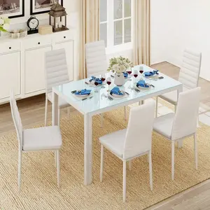 7-Pieces    Glass    Kitchen  And Chairs  For 6 Person, Comedor De 6 Sillas PU Leather Modern    For Home, Kitchen, Living  table sets Dining room