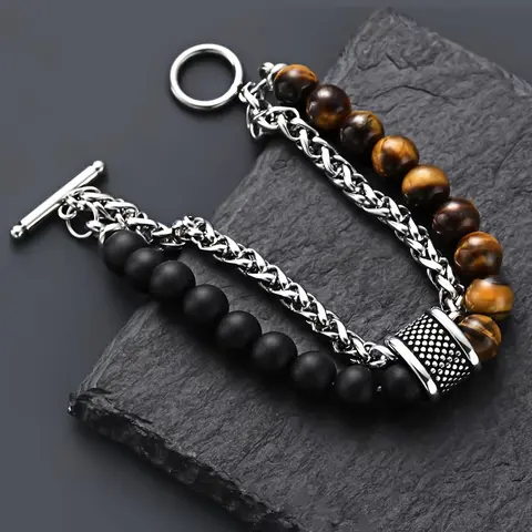Men's Punk Style Jewelry Beaded Bracelet with Artificial Tiger Eye Stones, Casual Style Leather Ot Clasp, Perfect for Daily Wear & Gifts, Exquisite Bracelet, Jewelry Bracelets