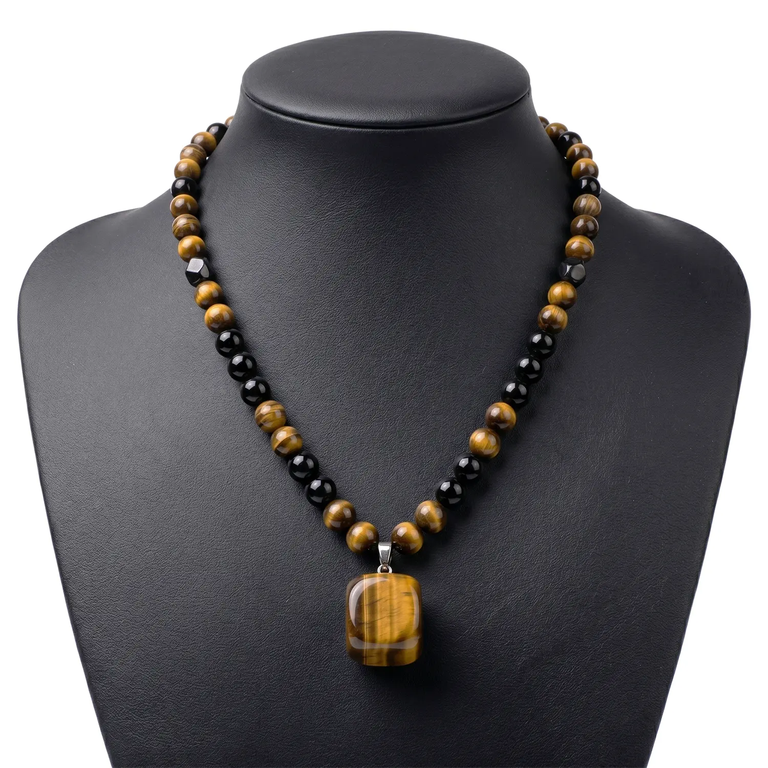 Retro Tiger Eye Pendant Necklace for Men & Women, Natural Stone Geometric Beaded Necklace, Adjustable Fashion Jewelry Gift for Daily Wear