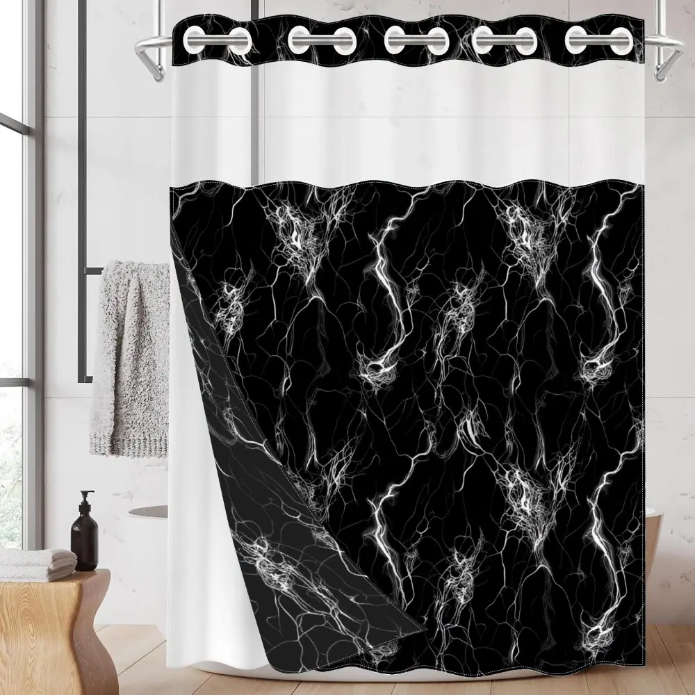 1pc shower curtain no hooks with buckle lining, black and white lightning bolt pattern design, 2D flat printing, fabric waterproof lining, see-through double-layer shower curtain, 71 x 74 inches, modern home draping curtain, Bathroom Curtain