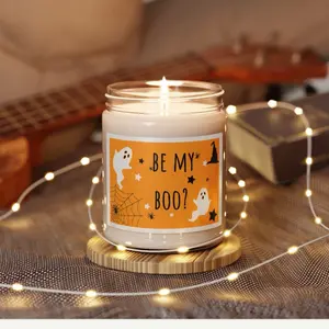 Spooky Scented Soy Candle - Be My Boo Halloween Design with Ghost & Witch Hat Motif in Clear Jar