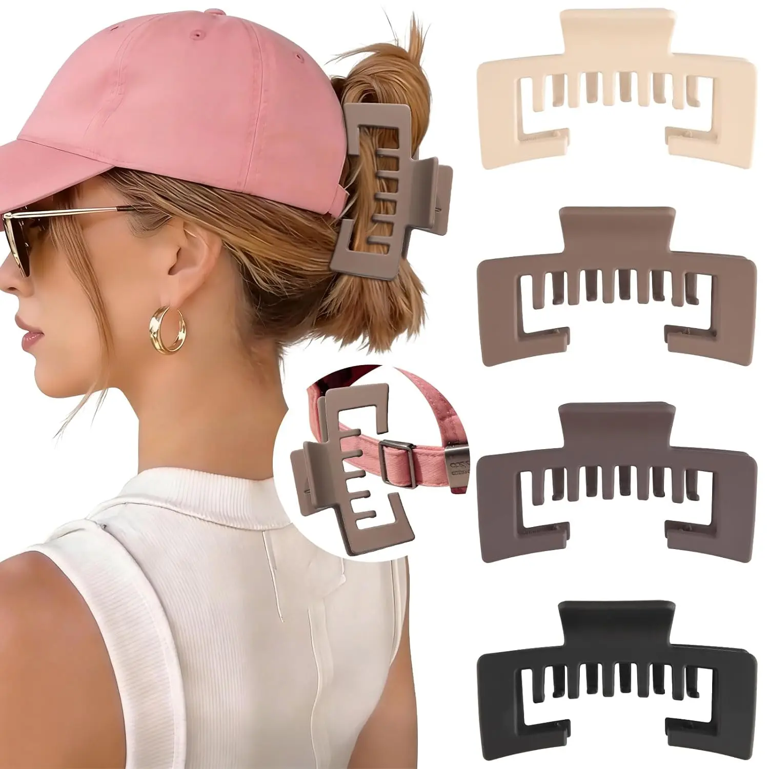 Hat Friendly Claw Clips for Baseball Caps (4-Pack) | Non-Slip Square Hair Clips for Thick Hair | Trucker Hat Hair Hack Accessories for Women, Sports, & Beach CHLINS