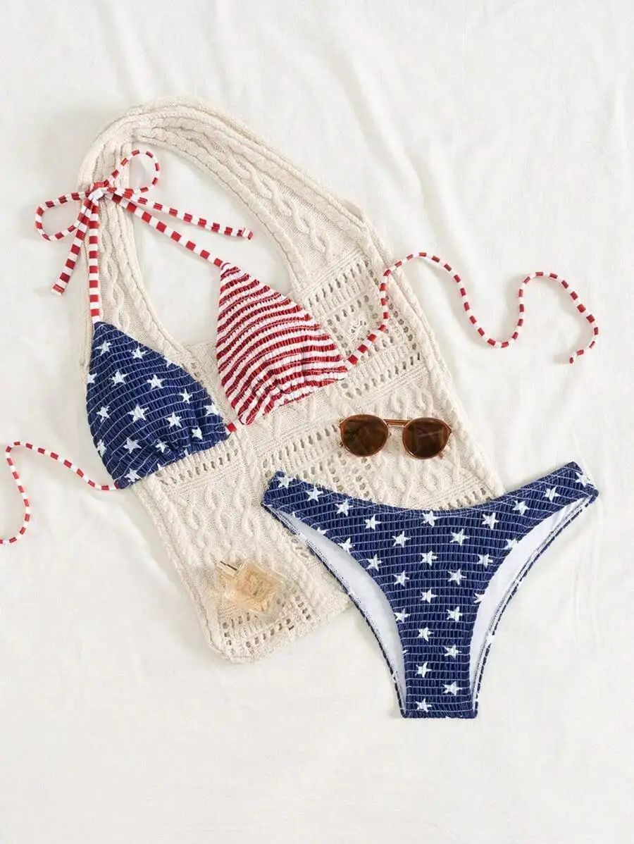 Women's 2-Piece USA Flag Swim Set - Halter Backless Top, Side Strap Bottoms, 4th of july bikinis, american flag bikinis bottoms for Beach Summer Vacation