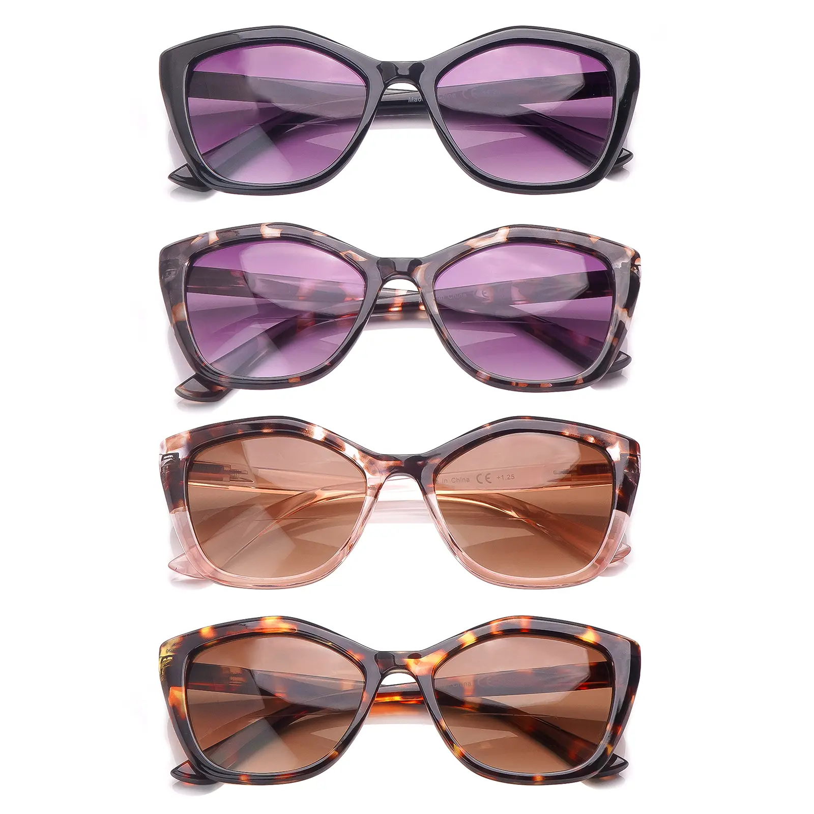4-Piece Gray-Tinted Blue Light Blocking Sunglasses,designed specifically for women.Features stylish cat-eye frames with spring hinges and premium blue light blocking lenses for comfortable wear.Ideal for outdoor activities and makes a perfect holiday gift