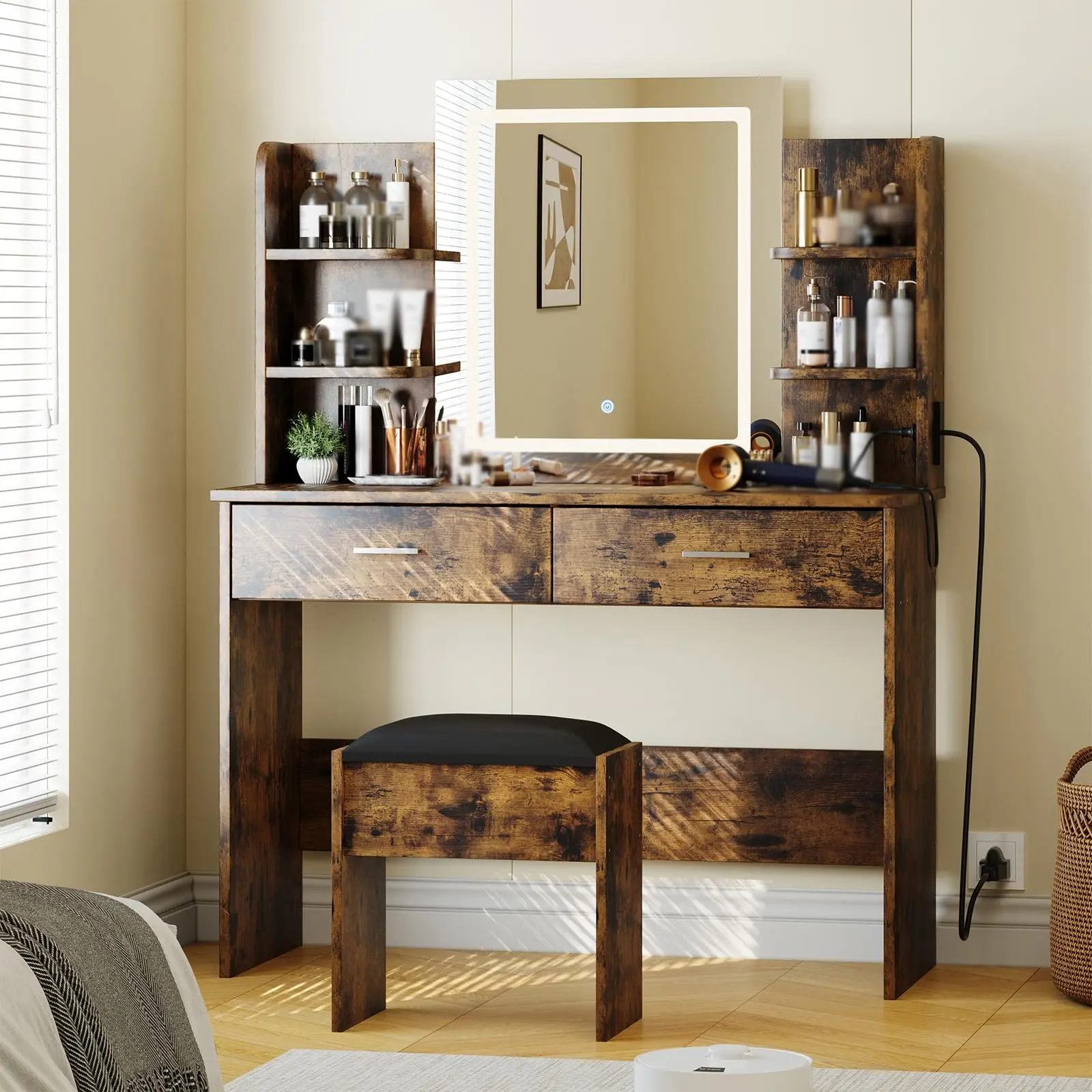 【GARVEE】Vanity Desk with Mirror and Lights Makeup Vanity Set Featuring Power Outlet, 6 Storage Shelves, 2 Large Drawers, and 3-Color Adjustable Brightness in Rustic or Marble Black Finish