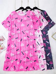 【plus size】 all over print drop shoulder nightdress, cute casual comfy short sleeve round neck nightgown for women, moo moo night gown , women's sleepwear for all seasons, womenswear, loungewear