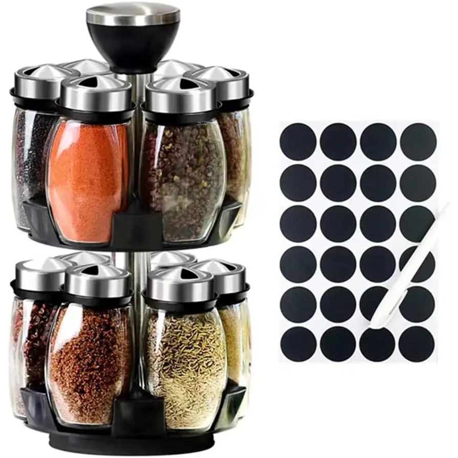Countertop Rotating Seasoning Storage Rack, 360 °       Spinning Condiment Organizer Tower with 12 Empty Containers, Household Rotatable Seasoning Bottle Holder, Kitchen Counter Condiment Shelf and Spice Storage Solution
