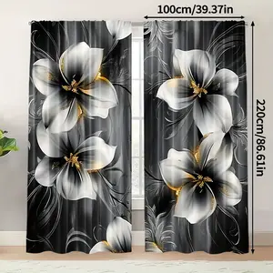 2 Pieces Elegant Floral Curtains - Machine Washable, Black with White & Grey Flowers, Pole Pocket Design for Easy Hanging, Suitable for Bedroom, Living Room, Office & Cafe Decoration, Living Room Curtains, Home Decoration Curtain