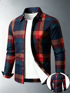Men's Irregular Plaid Shirt, Vintage Blue Check Zipper Jacket, Casual Fitted Style, Fall & Winter Wear, Daily
