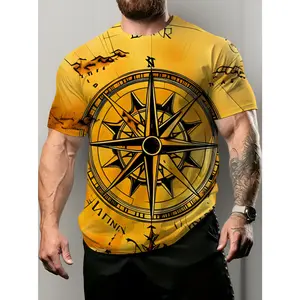 Men's 3D Digital Printed Vintage Compass Rose T-Shirt, Nautical Map Graphic Tee with Mare Tuscum Text, Lightweight Breathable Polyester Crew Neck Short Sleeve Shirt for Daily Casual Wear