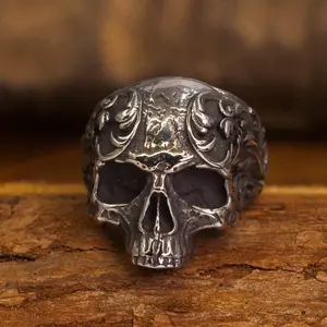 Dark series Mexican Day of the Dead retro old carved skull Thai silver ring punk large size men