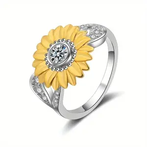 Vintage Sunflower Birthstone Ring with Shiny Zircon Inlay, Elegant Floral Design Jewelry for Women and Girls, Ideal Gift for Daily Wear and Special Occasions