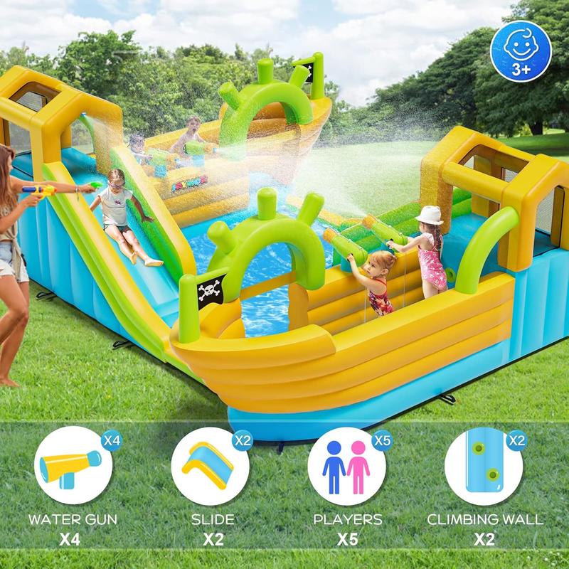 JOYMOR Inflatable Water Slide Park, 2 Pirate-Boat Giant Water Slide Bounce House w/4 Water Cannons, Challenge Climbing Wall, 10-in-1 Water Slides for Kids Backyard Outdoor w/Blower, Up to 6 Kids