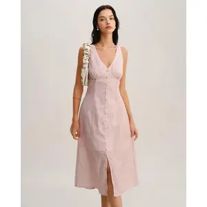 Pink Striped V Neck Sleeveless Midi Dress