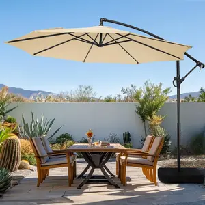 10ft Patio Umbrella with Base Included, Outdoor Offset  Umbrella with Sandbag Base for Backyard, Garden and Pool, Easy to Tilt and Crank, Beige