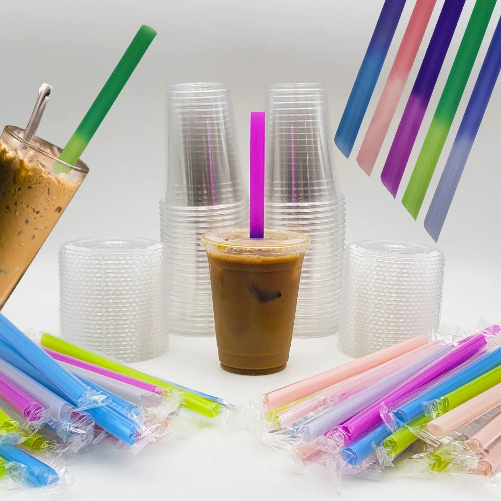 Color Changing Wide Straws with Cups, and Lids, 50ct Compatible With Boba Tea, Smoothies, Milkshakes, Clear Plastic Disposable Cups and Lids with Straws - Party Essentials for Kids & Adults