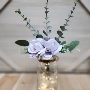 Glassy Gal Lavender Rose Quart Size Mason Jar Centerpiece with LED Fairy Lights & Custom Faux Greenery for Weddings & Parties