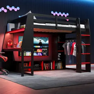 Twin Size Gaming Loft Bed Frame with Desk & LED Lights, Solid Wood Loft Bed with Open Wardrobe and Storage Shelves, Twin Gaming Bed with Desk, Black Red