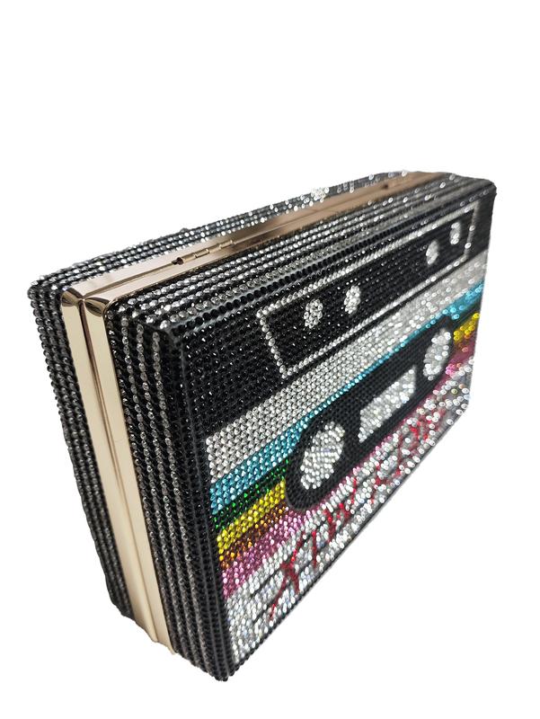 Women Cassette Tape Shape Rainbow Party Crossbody Bag Rhinestone Metal Vintage Evening Clutch Purses