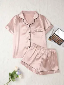 Pure Color Short Pajama Set, Matching Pajamas, Short Sleeve Button Neck Top and Pants, Soft Satin Sleepwear, Loungewear, Casual Loose-Fitting, All Seasons