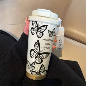 Premium Butterfly Coffee Thermos Cup, 530ML with Straw and Lid, Dual Wall Vacuum Insulated Travel Mug, Leak-Proof Cap and Handle