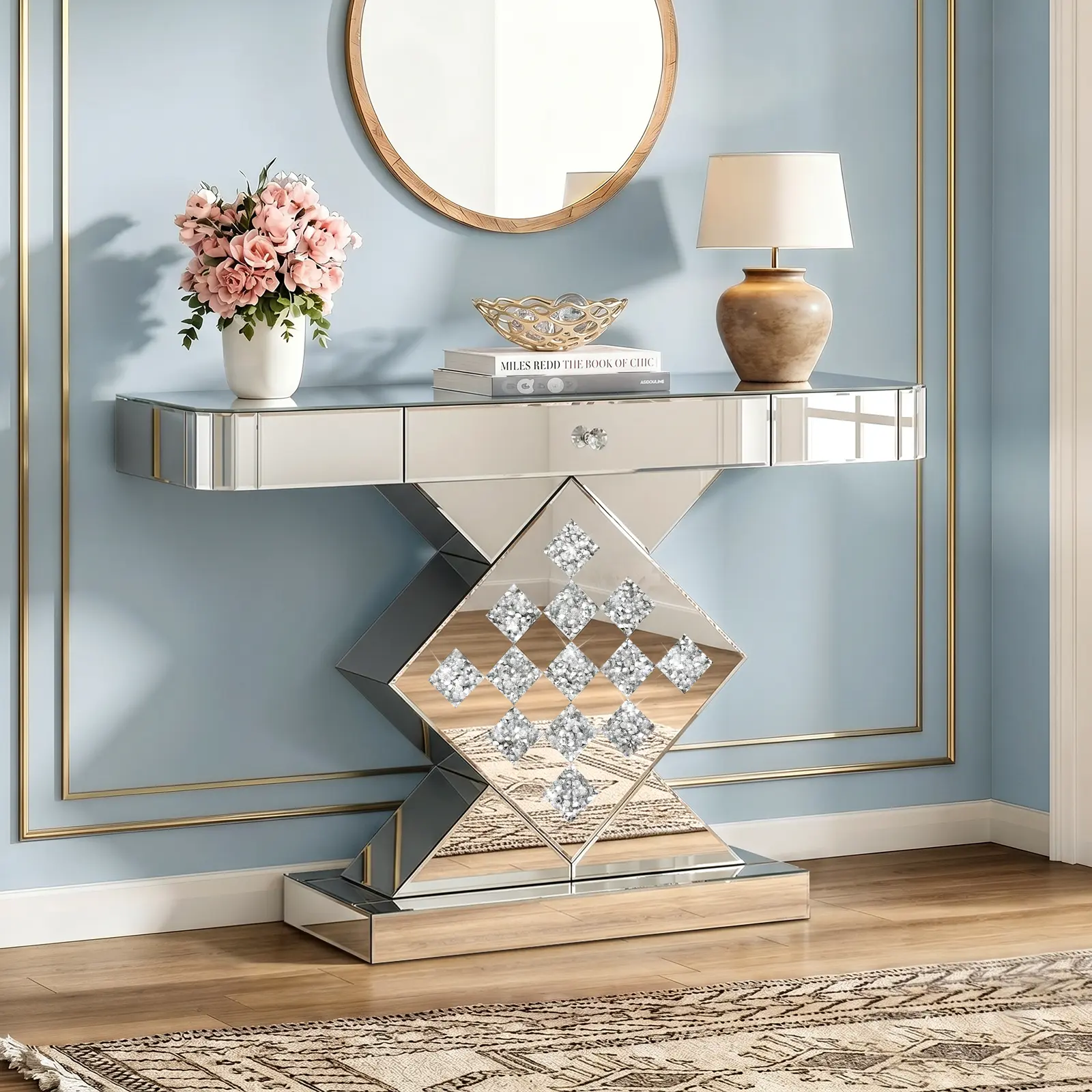 39.37in Stable Mirrored Entryway Table with Storage Drawer, Crushed Diamond Inlay, X-Shaped Base, Tempered Glass Top - Home Furniture for Living Room Decor, Hall/Sofa Side Accent Table (Local Delivery)