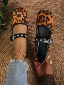Leopard Print Mary Jane Shoes for Women, Square Toe Buckle Flat Sandals, Vintage Style Single Strap Soft Sole Ballet Flats