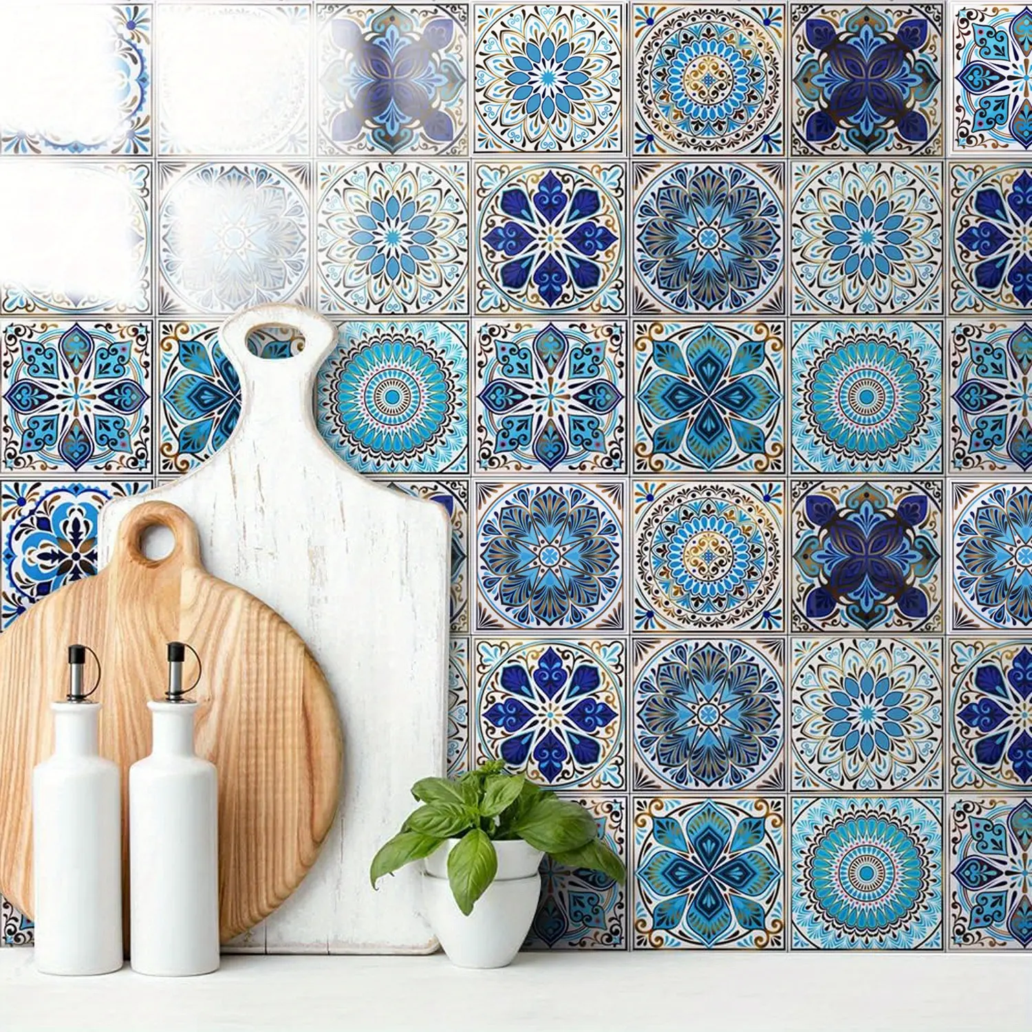 20pcs 4x4in Self-Adhesive Blue Mandala Art Stickers - Waterproof Vinyl Decorations, Classic Flashing Fantasy Wall Stickers & Murals for Kitchen Tile, Bathroom Home Decor, Sticker Decorations