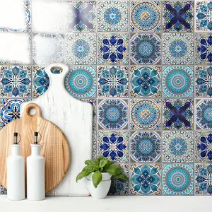 20pcs Blue Mandala Self Adhesive Wall Stickers Waterproof Vinyl Decals for Kitchen Tile Bathroom Living Room Bedroom Home Decor 4x4 Inches Flashing Fantasy Classic Style - Decorative