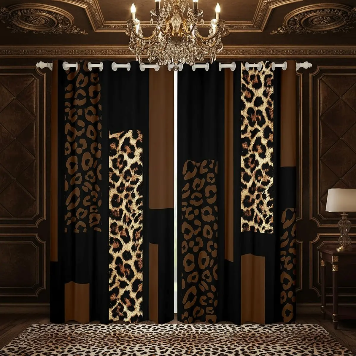 Brown Cheetah Print Blackout Curtains Modern Striped Leopard Curtains Abstract Animal Skin Texture Window Treatments Farmhouse Geometric Leopard Art Drapes 2 Panels