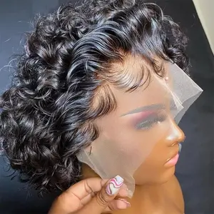 Pixie Cut Wigs Human Hair Brazilian Curly Wigs 13x1 Short Water Wave Bob Wig Transparent Lace Front Wigs 180%