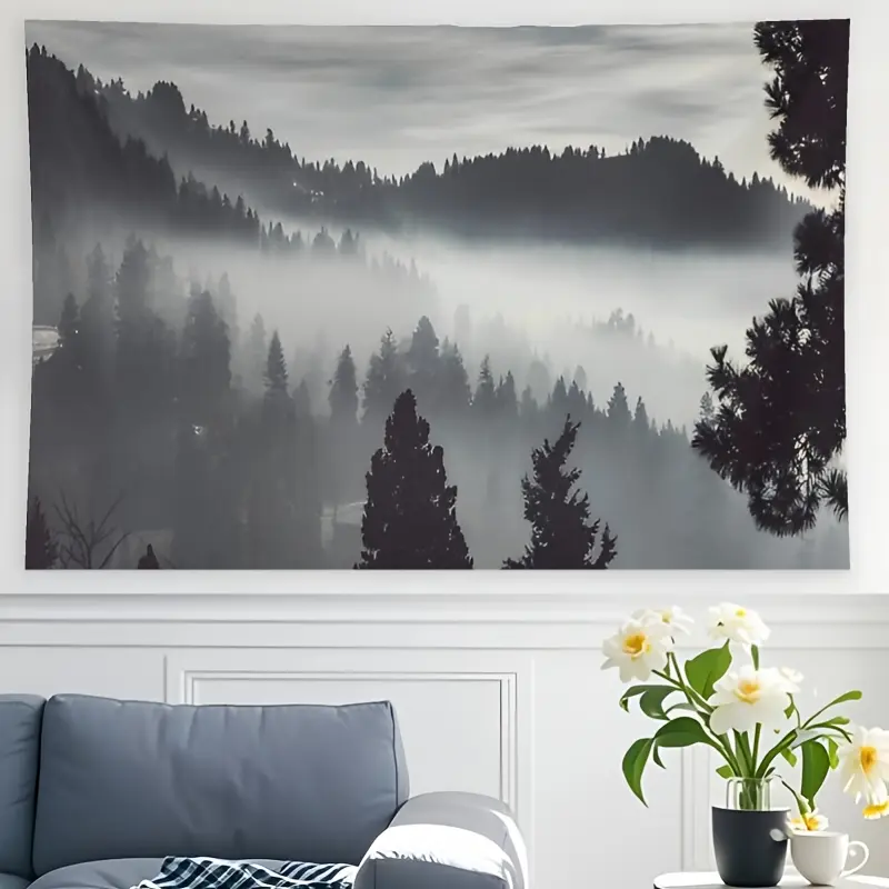 40x60 Inch Dark Winter Smokey Grey Forest Mist Landscape Tapestry Wall Hanging - Peach Light Beige Fabric Horizontal Wall Art for College Dorm, Bedroom, Living Room & Party Decor - No Electricity Needed Home Decoration, Nordic Home Decor, Serene Design