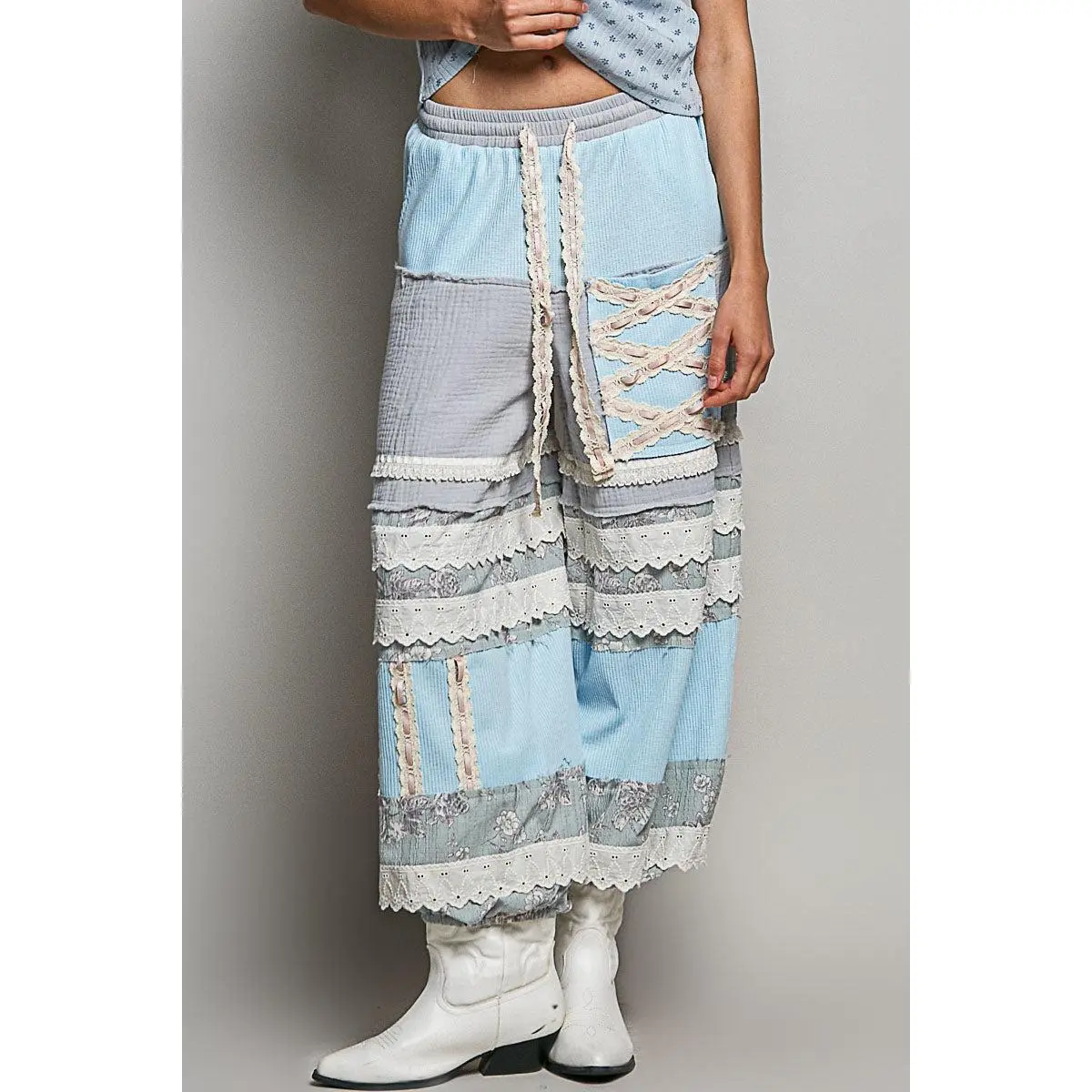Women's Casual Comfortable Elastic Cotton Breathable Pixie Blue Double Gauze Pants, Sky Blue