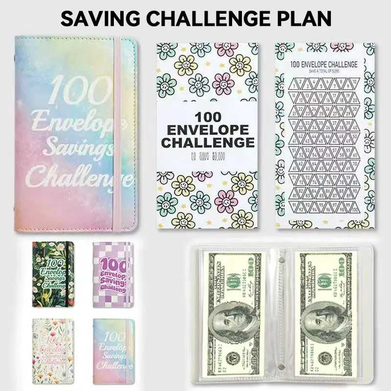 GOFAVE 100-Day Money-Saving Challenge coin envelopes budget binder, mini set of 100 envelopes, easily save $5,050 in a fun way, ring-bound budget binder, budget planner, money-saving storage pouch, monthly bill organizer clip, card sleeves, wallet