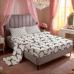 Cartoon Bowknot Kids Sheet,Bow Tie Geometric Patchwork Modern Bedding Set,Girls Women Room Decor,Bow Butterfly Knot Black White Simple Bed Sheet Set,(Fitted + Flat Sheet)