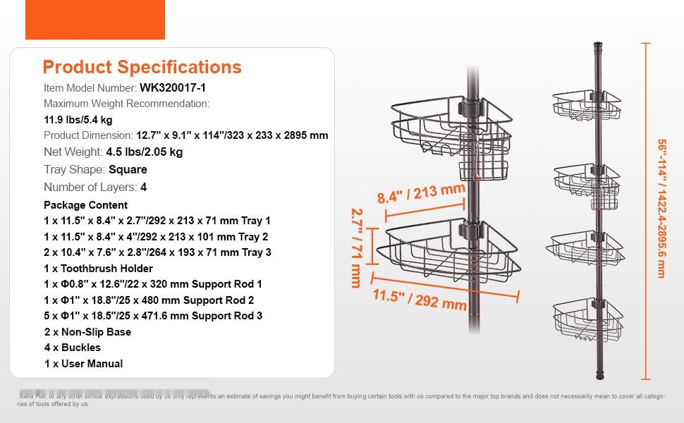 56 To 114 Inch Adjustable Shower Corner Caddy Tension Pole Rustproof Bathroom Organizer For Wet Areas, No-Drill Install, Strong Stainless Steel Construction, Anti-Rust Finish, Easy Assembly, Suitable For Small And Large Showers