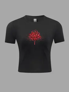 Women’s Floral Print Baby Tee | Round Neck Crop Sports T-Shirt | Casual Short Sleeve Top for Daily Wear