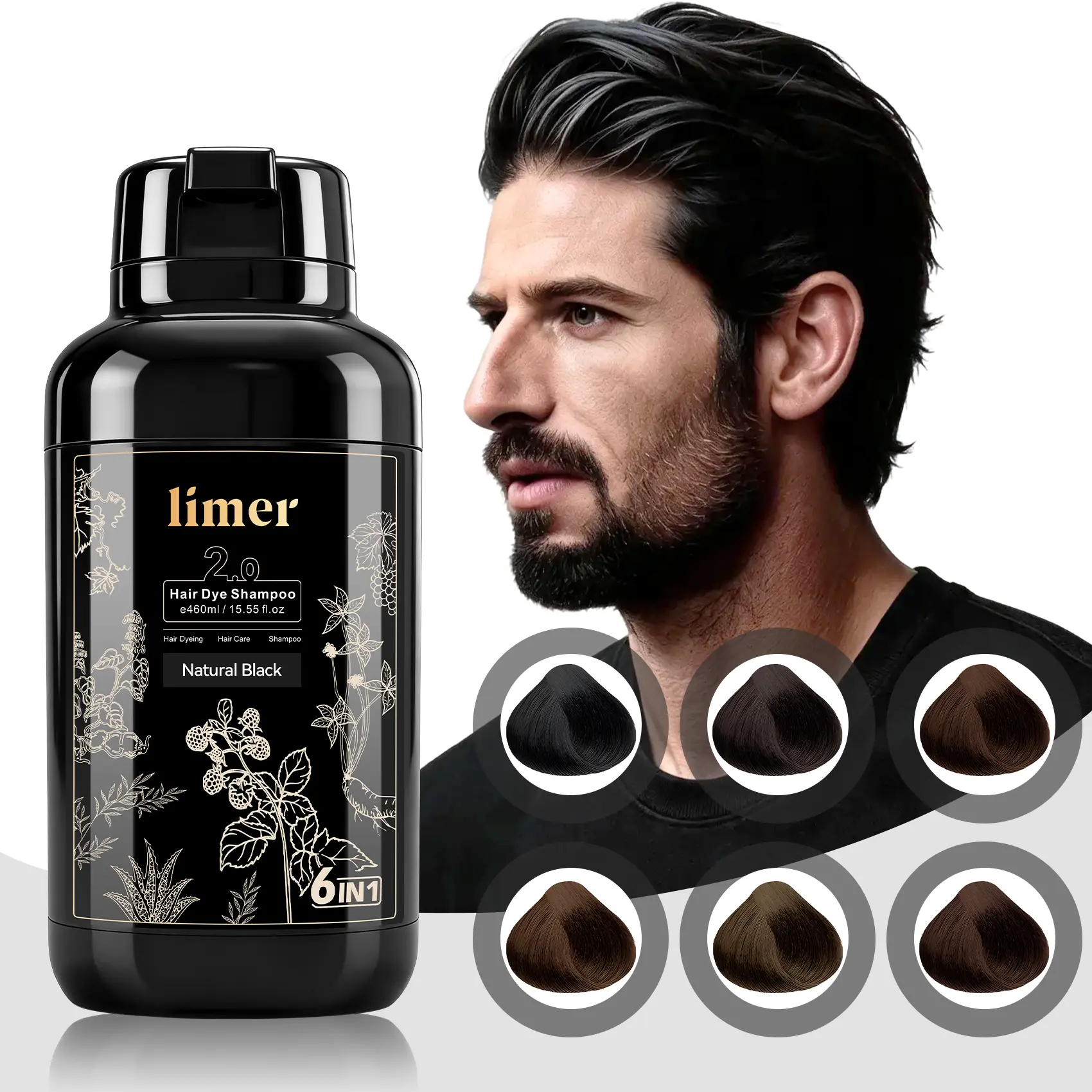Limer  6 in 1 Men Hair Dye Shampoo, Hair Color for Grey Coverage, Herbal Ingredients, Natural Tinte, Ammonia-Free, Long lasting,Haircare